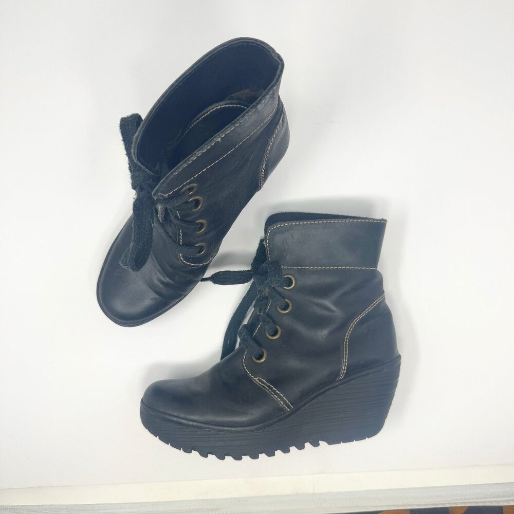 Fly London Yel Black Leather Lace Up Wedge Boots EU 36